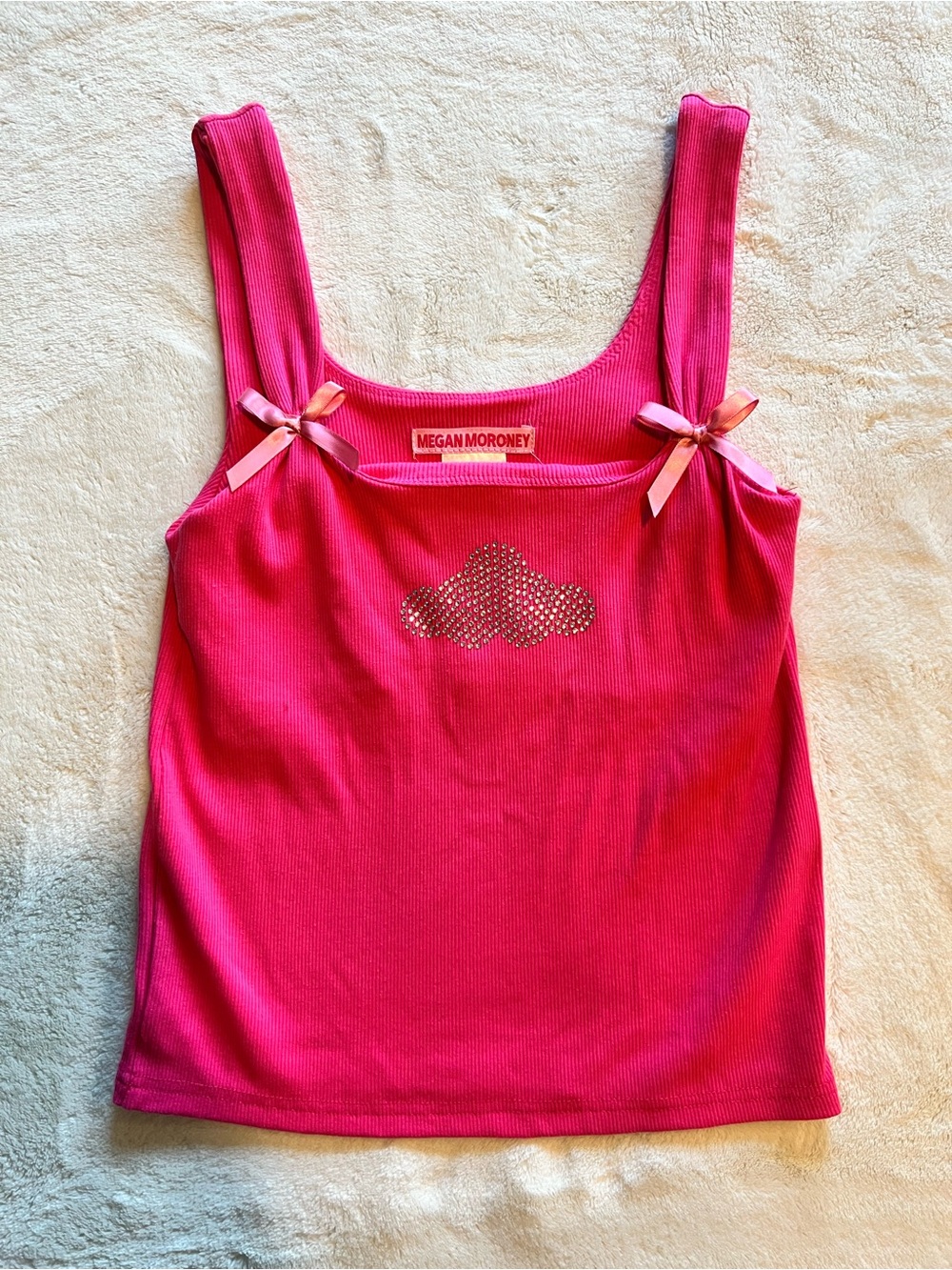 Megan Moroney Hot Pink Ribbed Tank with rhinestone Cloud Accent & Bows